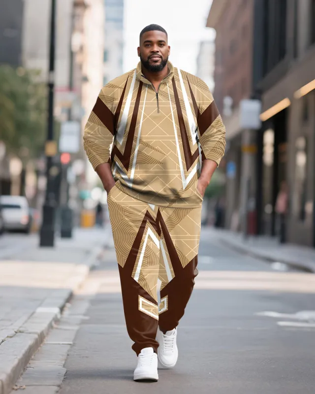 Big & Tall Men's Yellow Brown Geometric Print POLO Collar Zipper Long Sleeve Pants Two-Piece Set sold by Biggmans