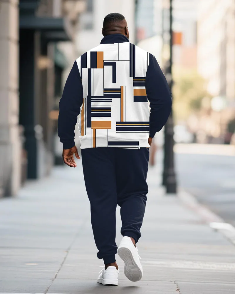 Big & Tall Men's Blue Geometric Print POLO Collar Zipper Long Sleeve Pants Two-Piece Set sold by Biggmans product image thumbnail 4