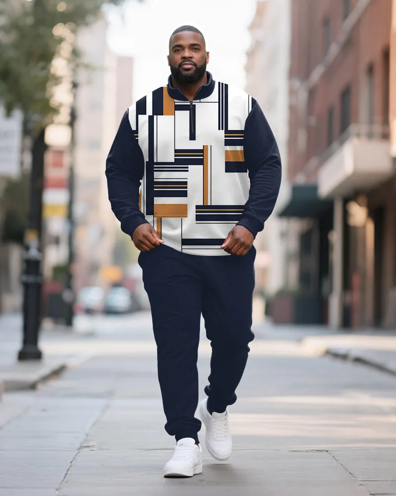 Big & Tall Men's Blue Geometric Print POLO Collar Zipper Long Sleeve Pants Two-Piece Set sold by Biggmans