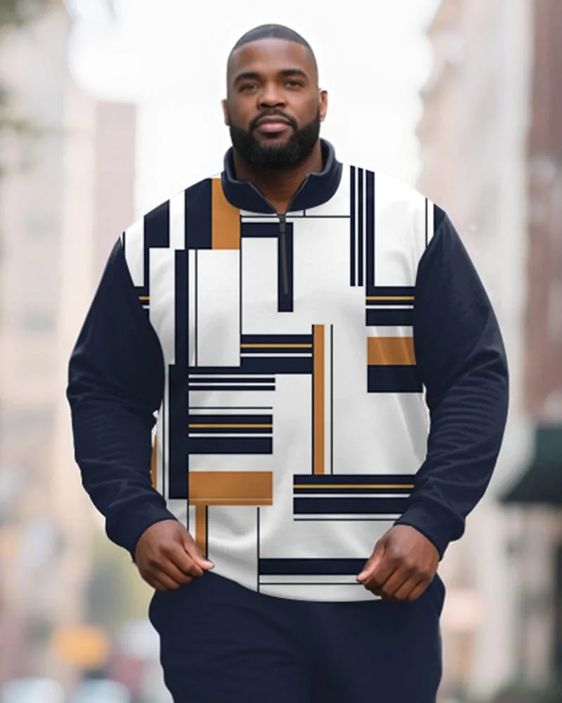 Big & Tall Men's Blue Geometric Print POLO Collar Zipper Long Sleeve Pants Two-Piece Set sold by Biggmans product image thumbnail 2