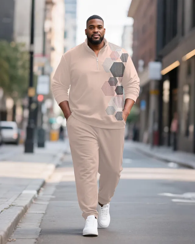 Big & Tall Men's Pink Geometric Print POLO Collar Zipper Long Sleeve Pants Two-Piece Set sold by Biggmans