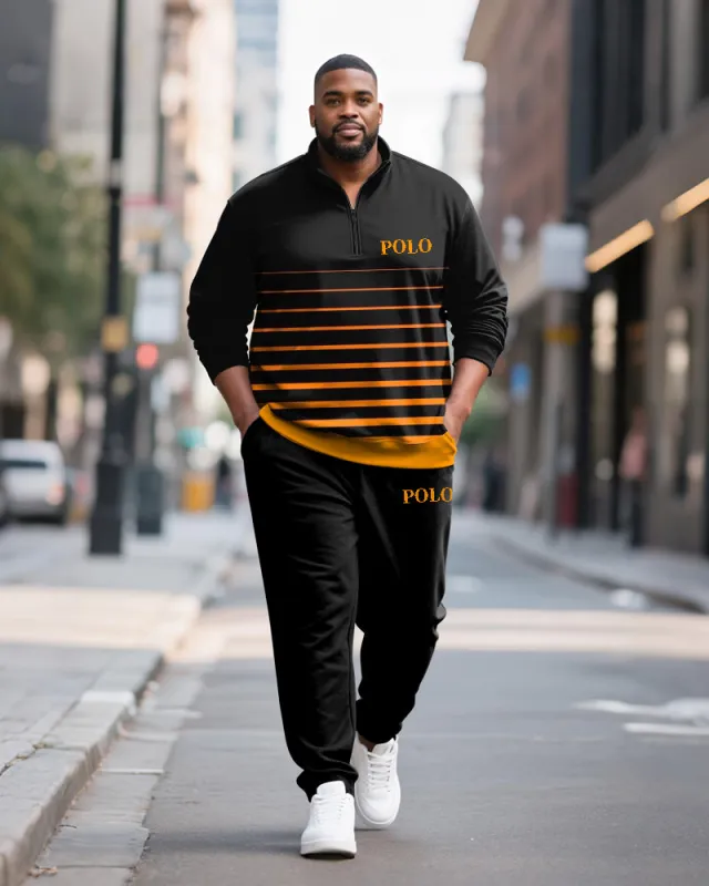 Big & Tall Men's Black And Yellow Striped Letter Printed POLO Collar Zipper Long Sleeve Pants Two-Piece Set sold by Biggmans