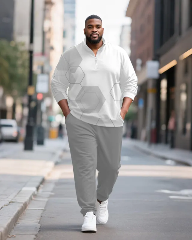 Big & Tall Men's Light Gray Honeycomb Geometric Printed POLO Collar Zipper Long Sleeve Pants Two-piece Set sold by Biggmans