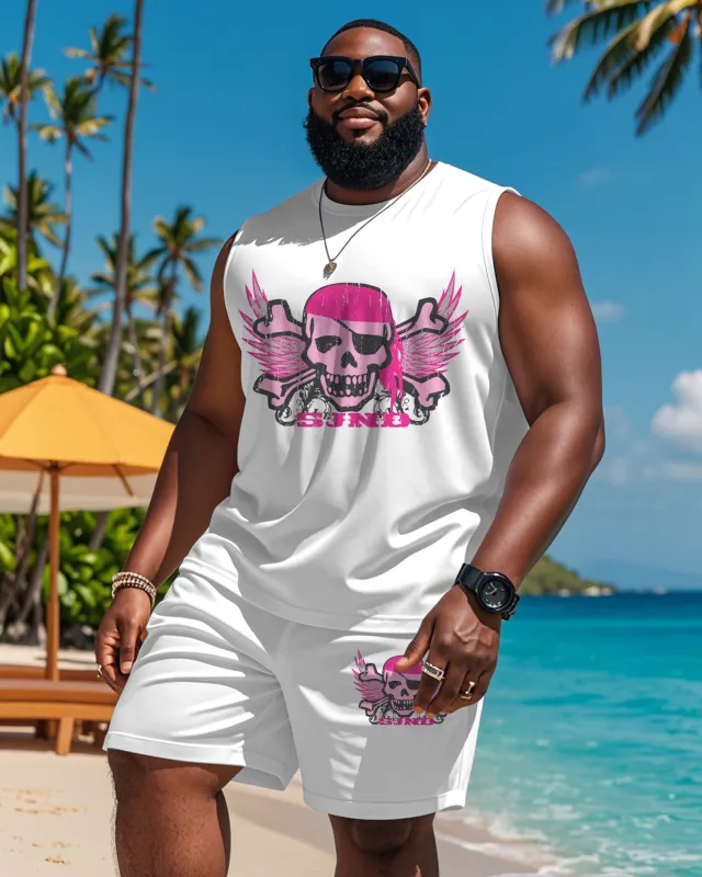 Men's Big Summer White & Pink Skull Pattern Tank Shorts Suit sold by Biggmans