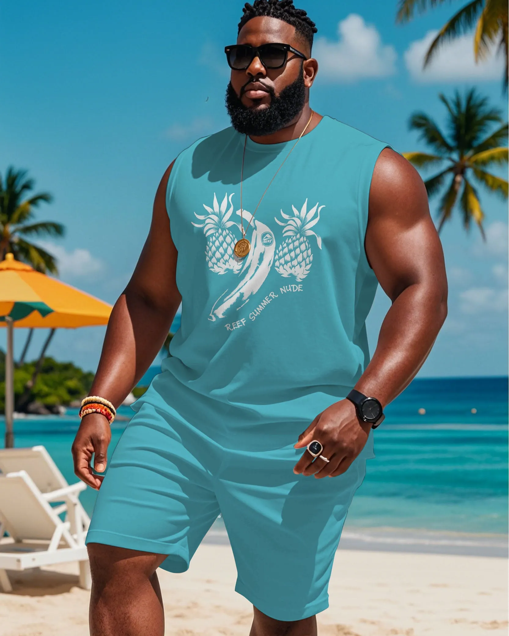 Men's Big Summer Pineapple Print Blue Tank Shorts Suit sold by Biggmans