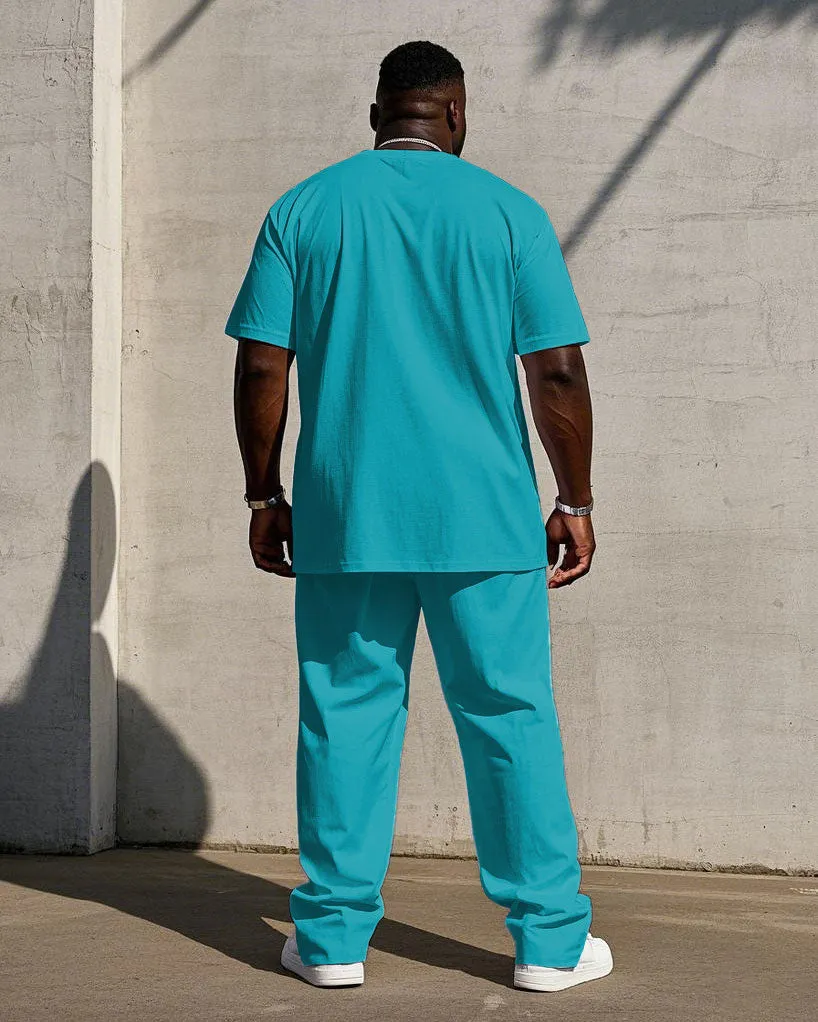 Men's Plus Size Casual Vertical Stripe Lake Blue Printed Short-sleeved T-shirt Trousers Suit sold by Biggmans product image thumbnail 4