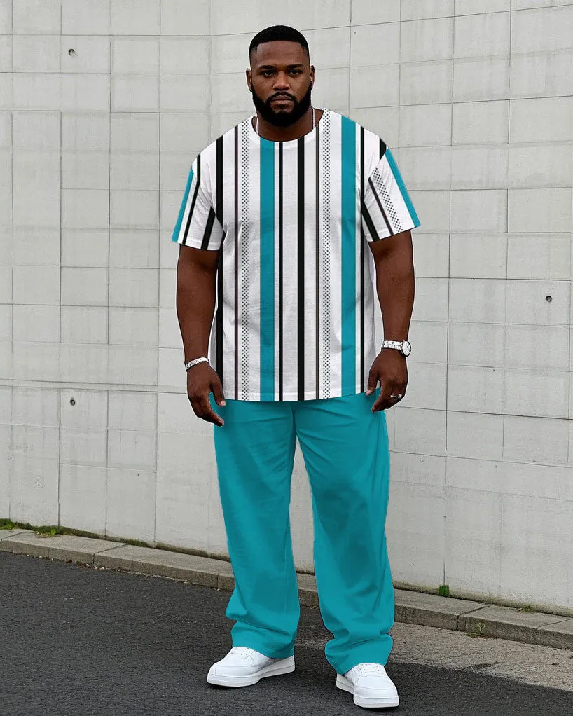 Men's Plus Size Casual Vertical Stripe Lake Blue Printed Short-sleeved T-shirt Trousers Suit sold by Biggmans
