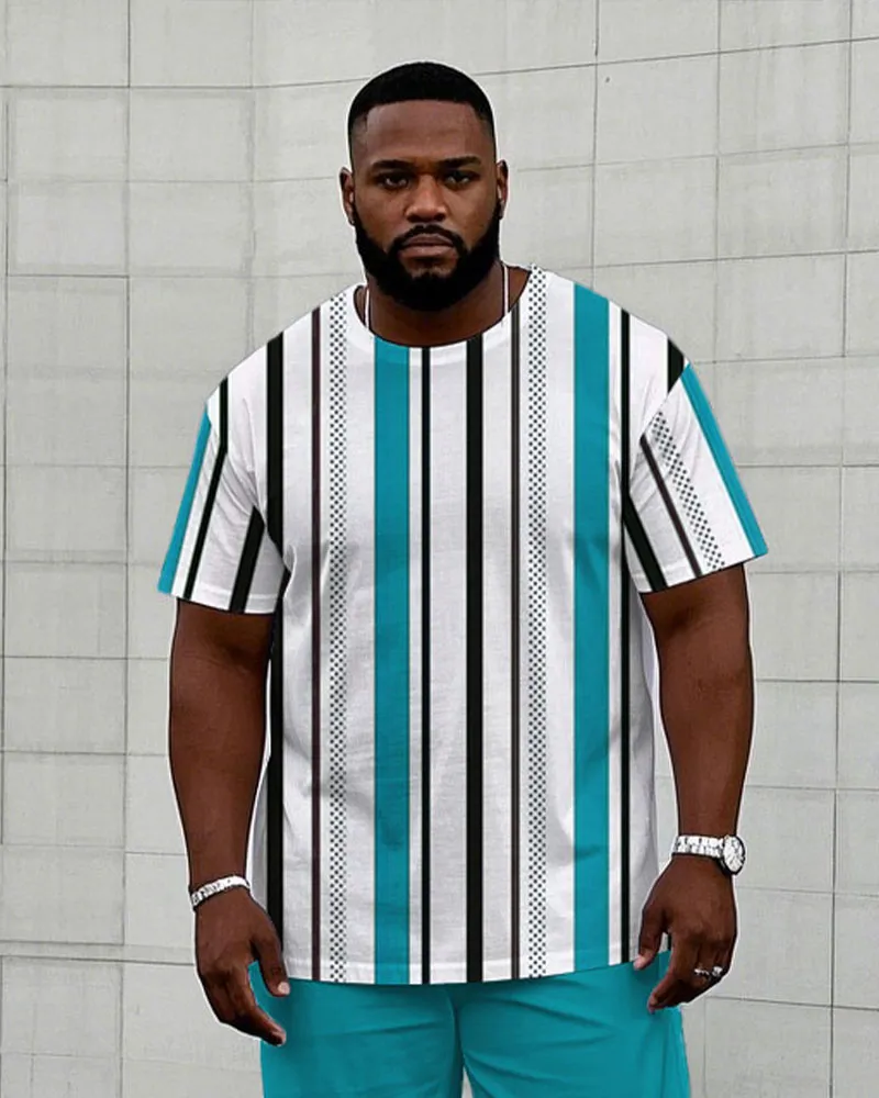 Men's Plus Size Casual Vertical Stripe Lake Blue Printed Short-sleeved T-shirt Trousers Suit sold by Biggmans product image thumbnail 2