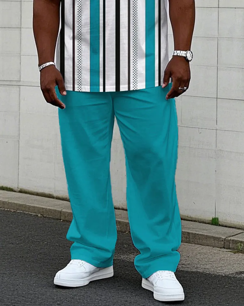 Men's Plus Size Casual Vertical Stripe Lake Blue Printed Short-sleeved T-shirt Trousers Suit sold by Biggmans product image thumbnail 3