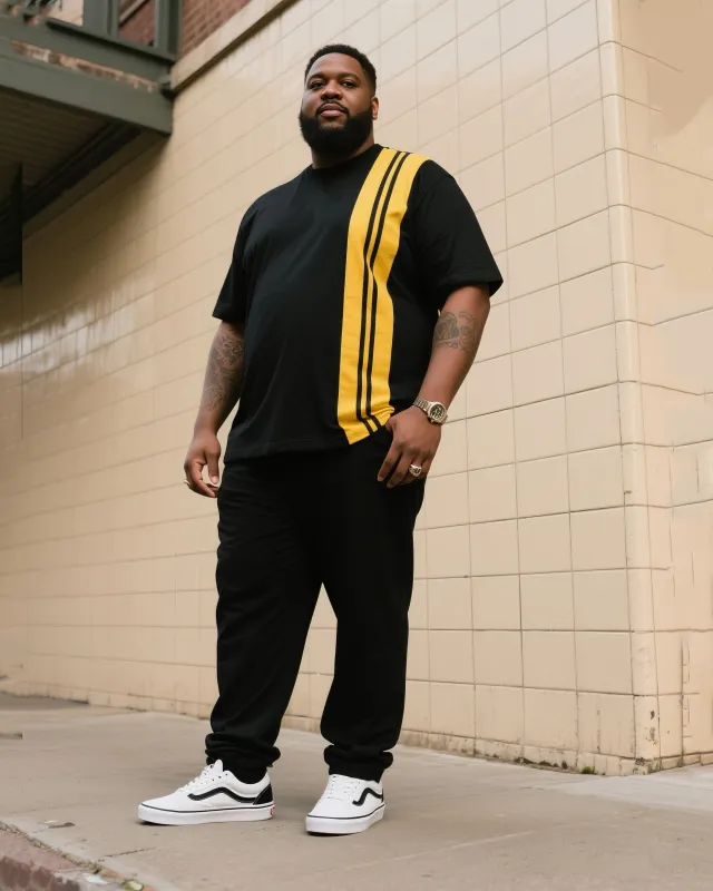 Big Boy's Daily Casual Black Spell Turmeric Striped Round Neck Short-sleeved T-shirt Trousers sold by Biggmans