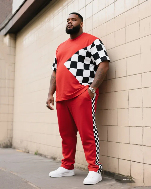 Big Boy Daily Casual Fox Red Chessboard Black And White Plaid Irregular Round Neck Short Sleeve T-Shirt Trousers Suit sold by Biggmans