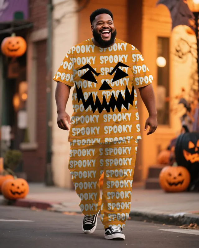 Big & Tall Men's Halloween SPOOKY Pumpkin Lantern Printed T-Shirt Trousers Suit sold by Biggmans