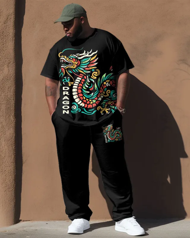 Men's Plus Size Black Vintage Dragon Totem Print T-Shirt Trousers Suit sold by Biggmans