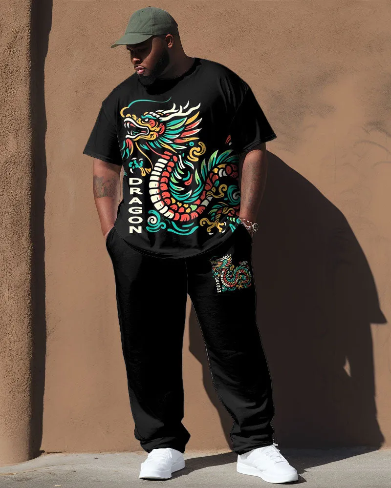Men's Plus Size Black Vintage Dragon Totem Print T-Shirt Trousers Suit sold by Biggmans