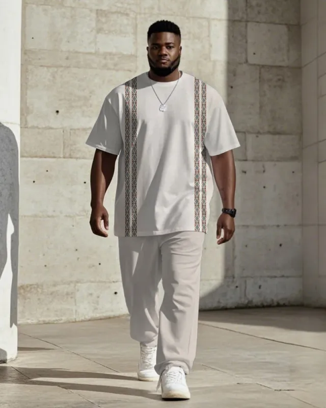 Men's Plus Size Daily Casual Ethnic Stripe Printed T-shirt Trousers Suit sold by Biggmans