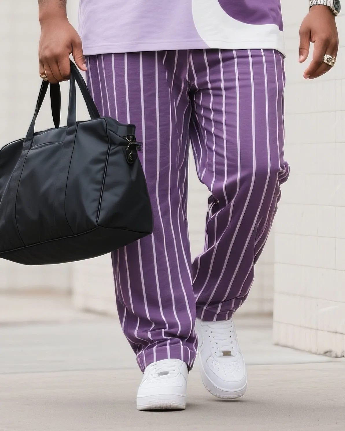 Big Boy Street Fashion High Purple Art Color-matching Striped Short Sleeve Trousers Suit sold by Biggmans product image thumbnail 3