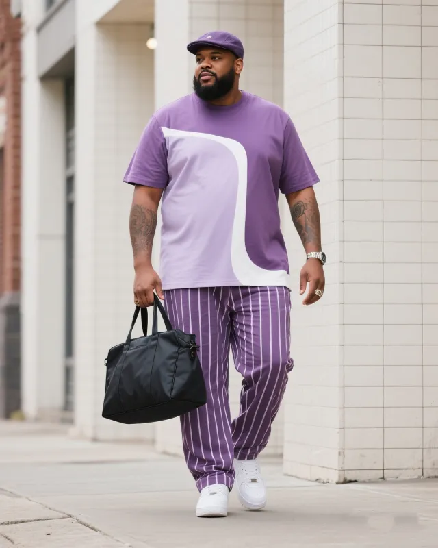 Big Boy Street Fashion High Purple Art Color-matching Striped Short Sleeve Trousers Suit sold by Biggmans