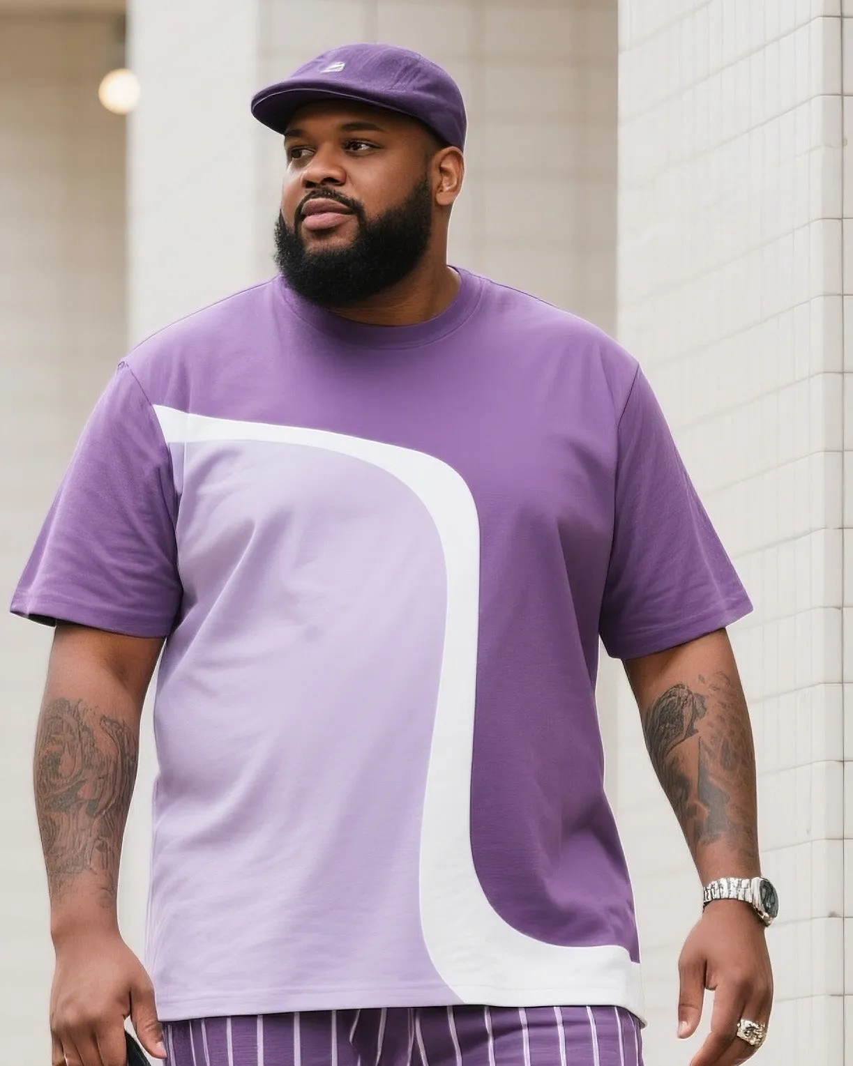 Big Boy Street Fashion High Purple Art Color-matching Striped Short Sleeve Trousers Suit sold by Biggmans product image thumbnail 2