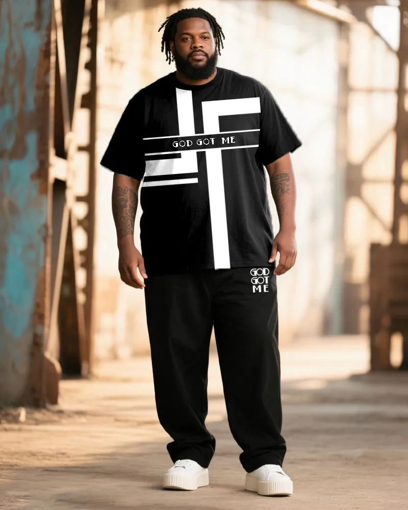 Big & Tall Men's Black & White Stripe GOD GOT ME Alphabet Print T-Shirt Trousers Suit sold by Biggmans