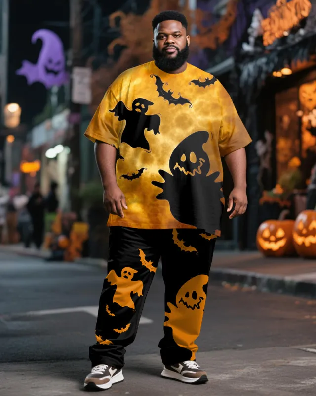 Big & Tall Men's Halloween Yellow Black Color Contrast Ghost Bat Pumpkin Print T-Shirt Trousers Suit sold by Biggmans