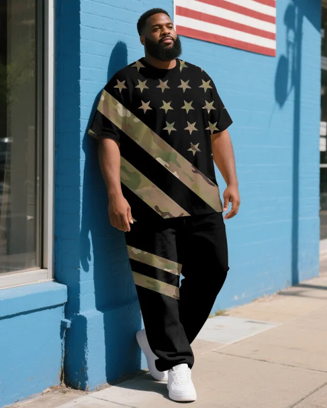 Men's Plus Size Independence Day Camouflage Colorblock Striped Star Print T-Shirt Trousers Suit sold by Biggmans