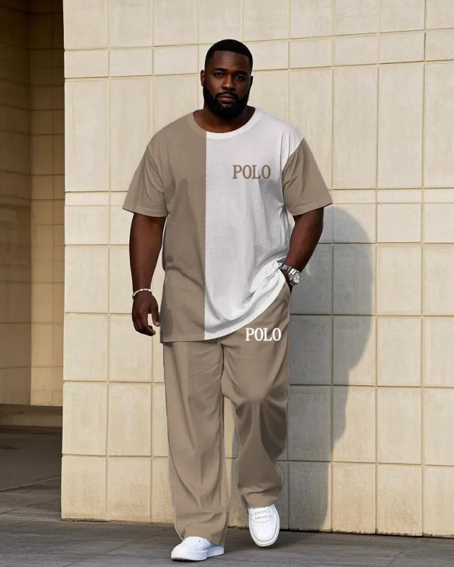 Men's Big & Tall Casual Khaki & White Colorblock Short-sleeved T-shirt Trousers Set sold by Biggmans