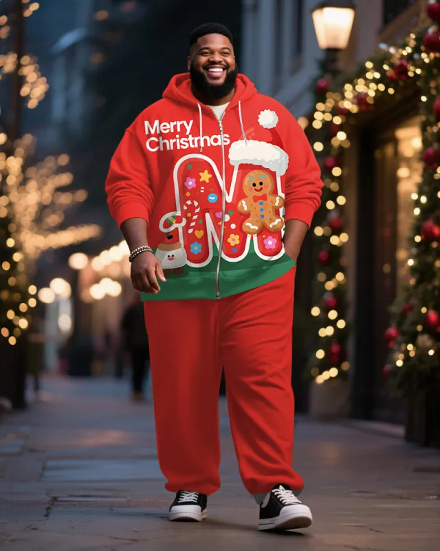 Big & Tall Men's Christmas Gingerbread Man Alphabet Print Cardigan Hoodie Suit sold by Biggmans