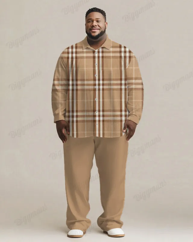 Men's Plus Size Daily Casual Classic Khaki Plaid Long Sleeve Shirt Trousers Suit sold by Biggmans