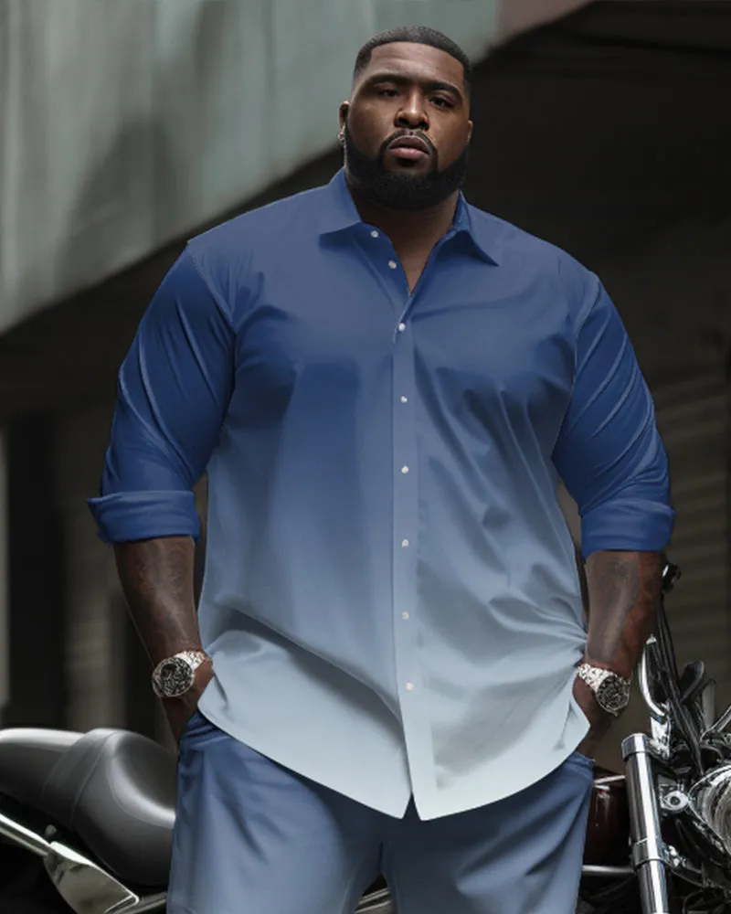 Men's Plus Size Versatile Single Color Gradient Long Sleeve Lapel Shirt 2 Piece Set sold by Biggmans product image thumbnail 2