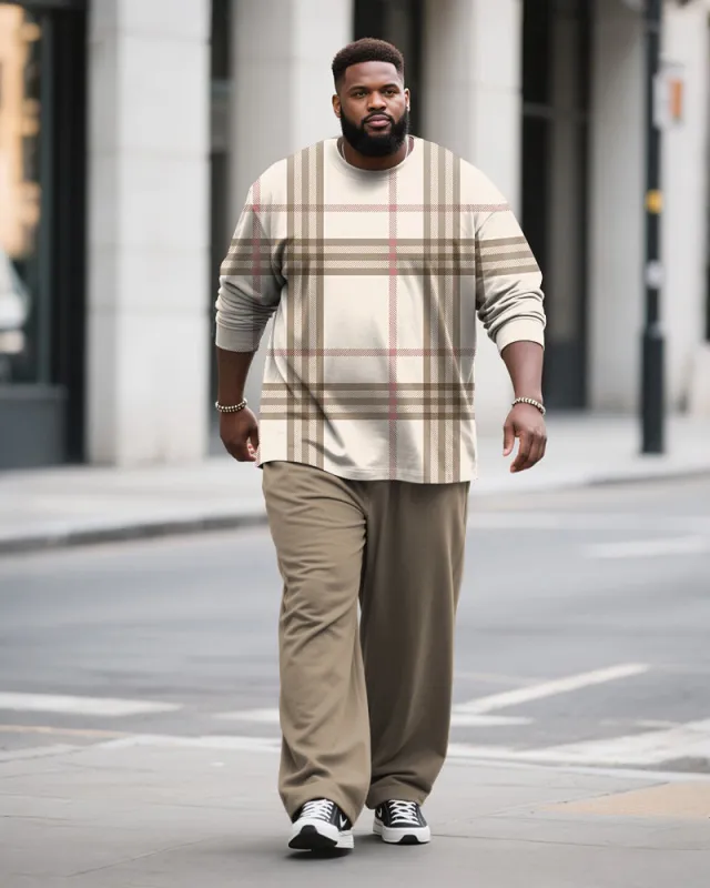 Big & Tall Men's Khakis Classic Plaid Print Long Sleeve T-Shirt Pants Set sold by Biggmans