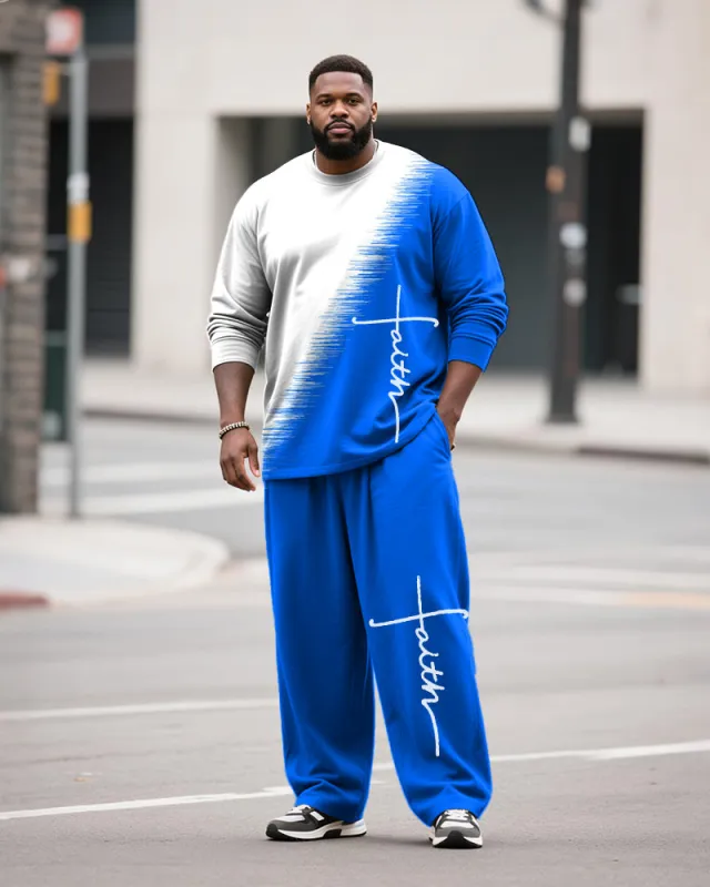 Big & Tall Men's Casual Gradient Faith Letter Printed Long Sleeve T-Shirt Pants Set sold by Biggmans