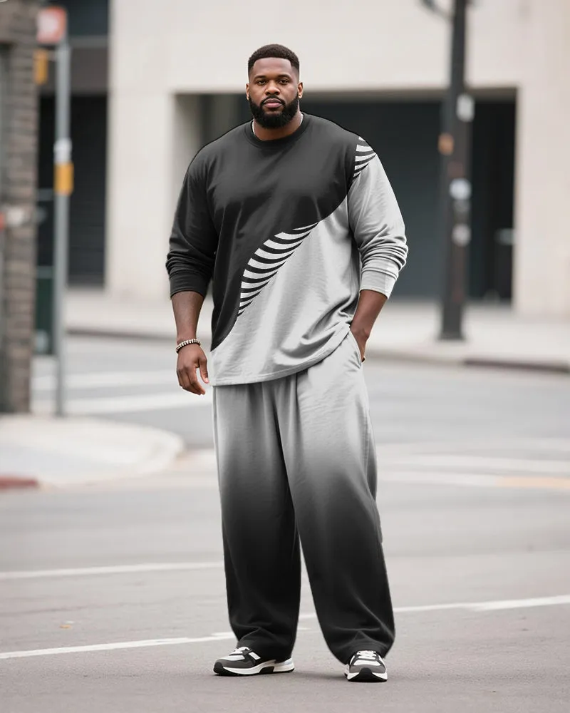 Big & Tall Men's Casual Black And White Geometric Gradient Print Long Sleeve T-Shirt Pants Set sold by Biggmans