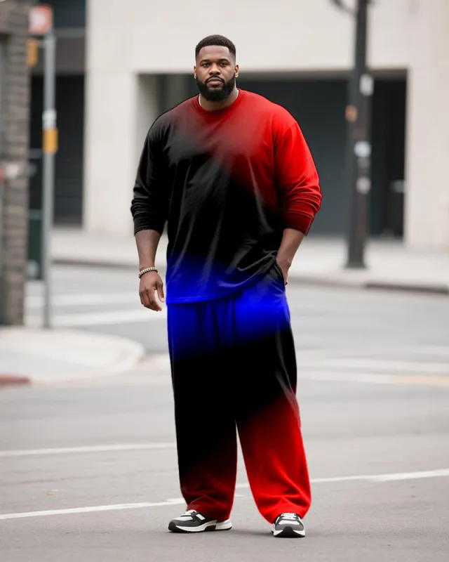 Big & Tall Men's Casual Black Red Blue Gradient Print Long Sleeve T-Shirt Pants Set sold by Biggmans
