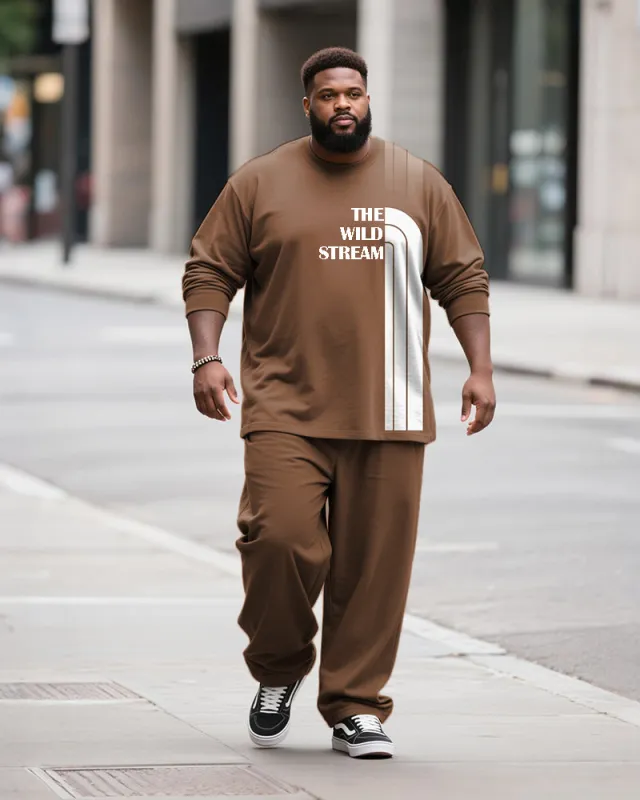 Big & Tall Men's Brown Striped Alphabet Print Long Sleeve T-Shirt Pants Set sold by Biggmans