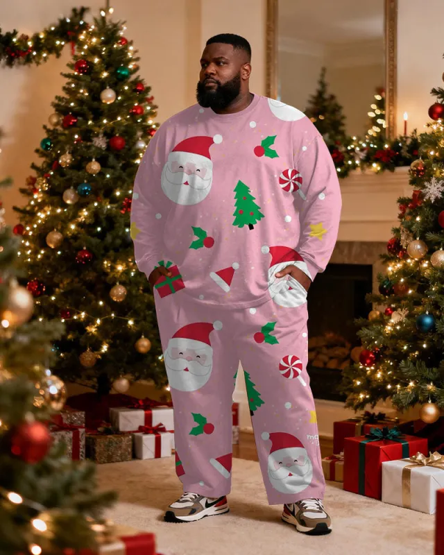 Big & Tall Men's Santa Claus Cartoon Pink Printed Long Sleeve T-Shirt Pants Set sold by Biggmans