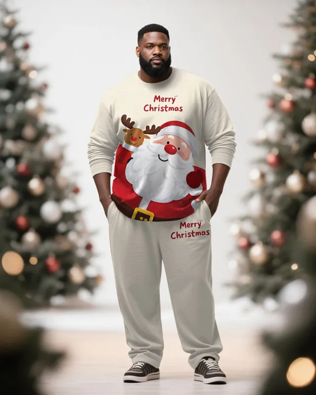 Big & Tall Men's Merry Christmas Cartoon Apricot Printed Long Sleeve T-Shirt Pants Set sold by Biggmans