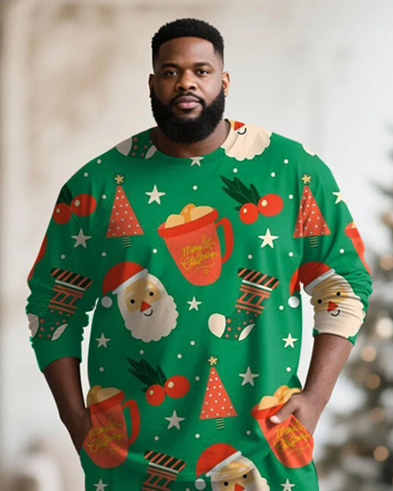Big & Tall Men's Santa Claus Cartoon Green Print Long Sleeve T-Shirt Pants Set sold by Biggmans product image thumbnail 2