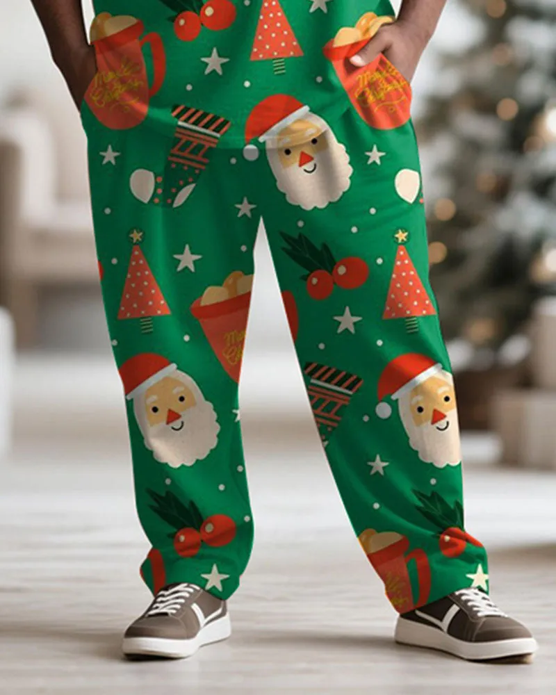 Big & Tall Men's Santa Claus Cartoon Green Print Long Sleeve T-Shirt Pants Set sold by Biggmans product image thumbnail 3