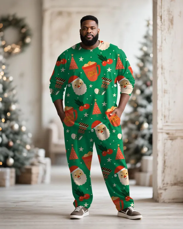 Big & Tall Men's Santa Claus Cartoon Green Print Long Sleeve T-Shirt Pants Set sold by Biggmans