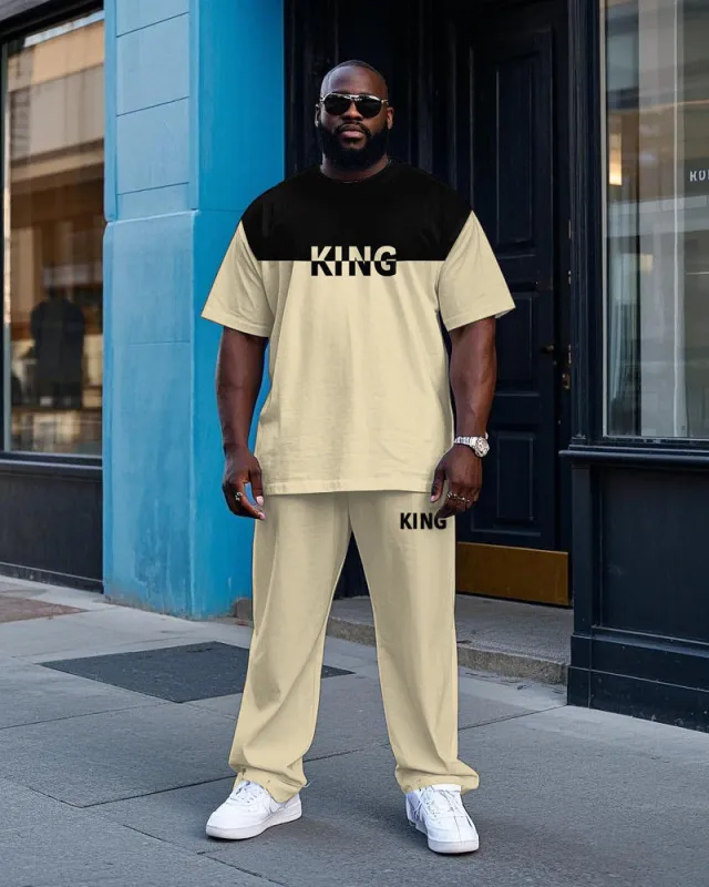 Big Men's Casual Color Block Splicing Style KING Letter Printed Short Sleeve T-shirt Pants Set sold by Biggmans