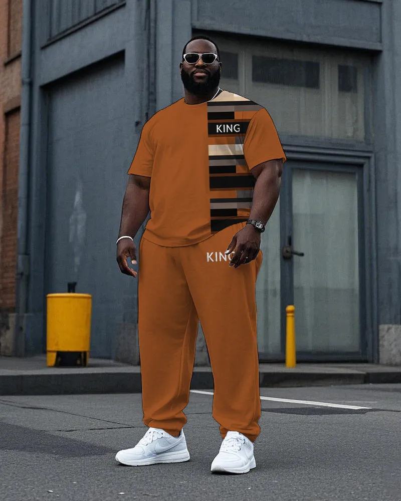 Big Men's Retro Plaid Color Block Splicing Style KING Letter Printed Short Sleeve T-shirt Pants Set sold by Biggmans