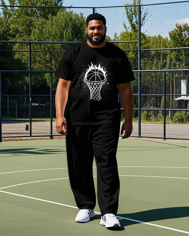 Big Men's Simple Fire Basketball Silhouette Printed Casual Short Sleeve T-shirt Pants Set sold by Biggmans