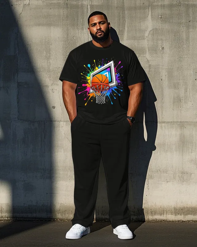 Big Men's Casual Colorful Ink Splash Basketball Printed Short Sleeve T-shirt Pants Set sold by Biggmans