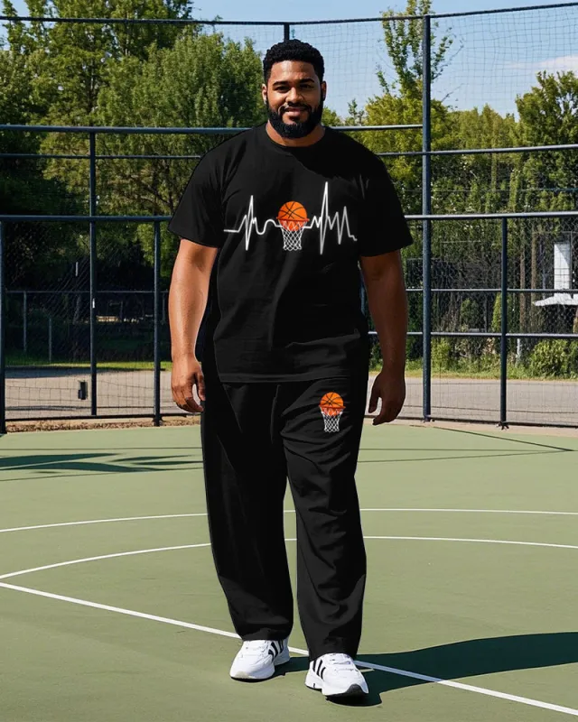 Big Men's Simple Basketball and Electrocardiogram Printed Casual Short Sleeve T-shirt Pants Set sold by Biggmans