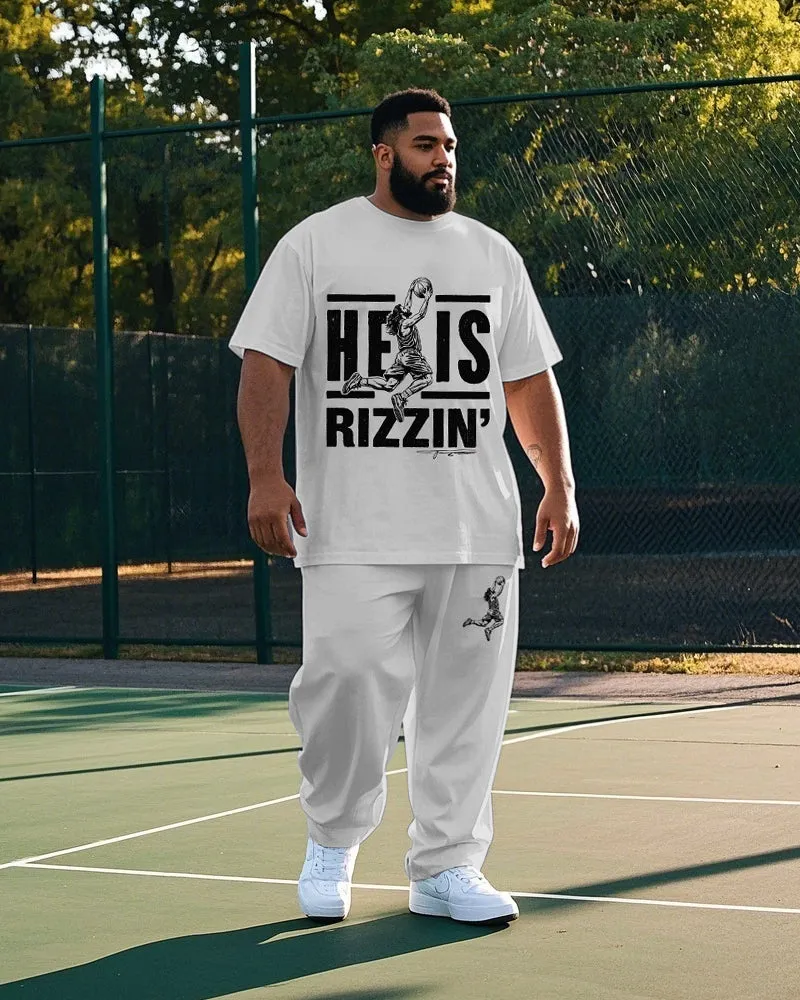 Big Men's Basketball Athlete HE IS RIZZIN Letter Printed Casual Short Sleeve T-shirt Pants Set sold by Biggmans
