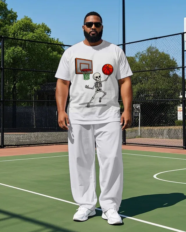 Big Men's Funny Skull Playing Basketball Printed Casual Sport Short Sleeve T-shirt Pants Set sold by Biggmans