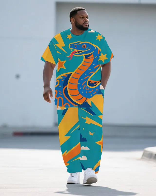 Big and Tall Men's Animal World Snake Cartoon Printed Outdoor Short Sleeve T-shirt Pants Set sold by Biggmans