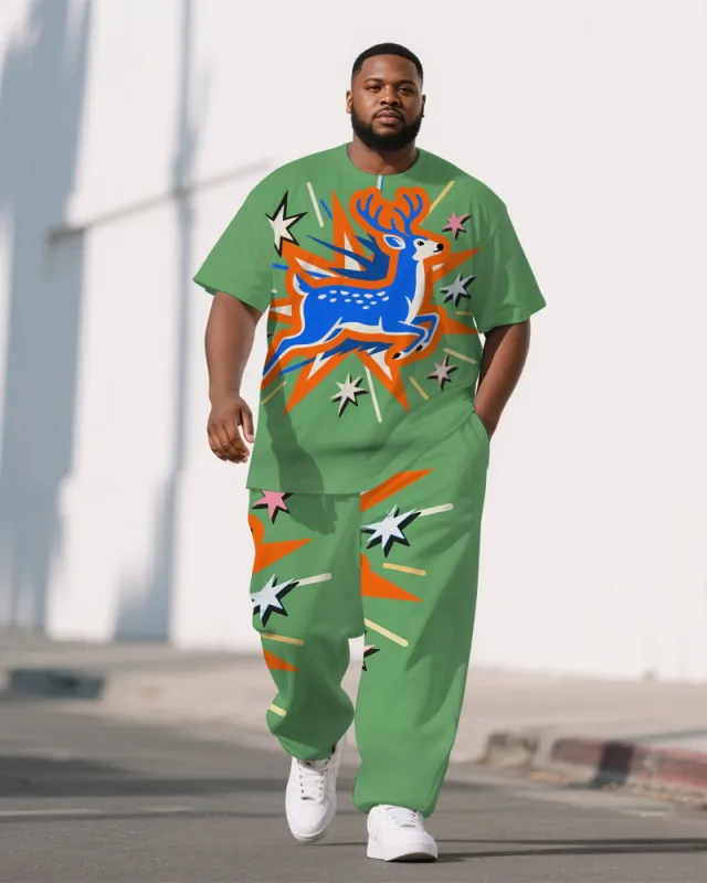 Men's Fashion Cartoon Theme Deer Printed Big & Tall Casual Short Sleeve T-shirt Pants Set sold by Biggmans