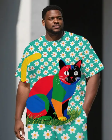 Big Guy's Animal World Splicing Cat & Flower Printed Short Sleeve T-shirt Pants Set sold by Biggmans product image thumbnail 2