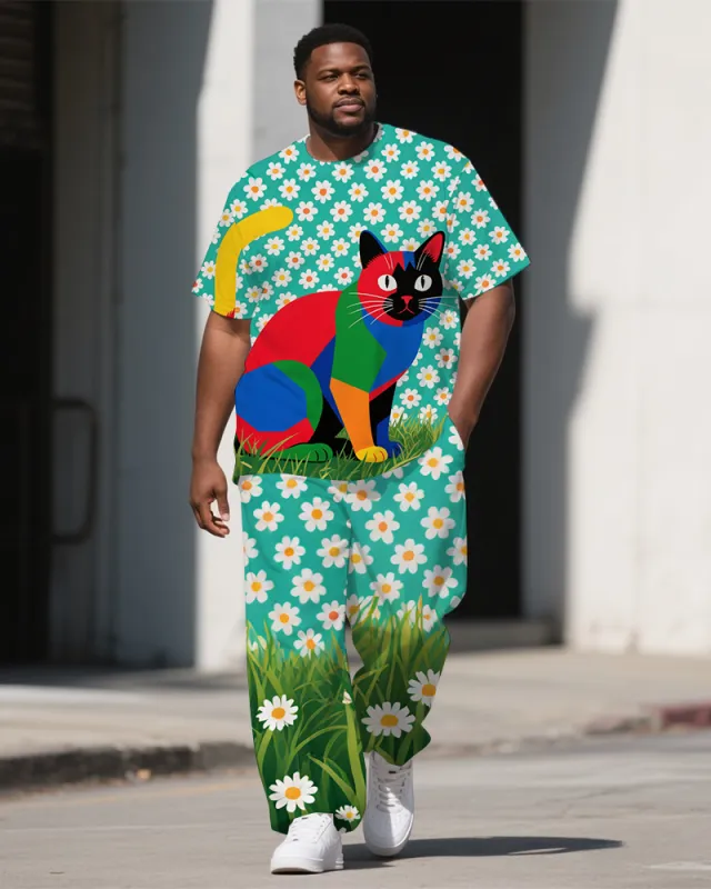 Big Guy's Animal World Splicing Cat & Flower Printed Short Sleeve T-shirt Pants Set sold by Biggmans